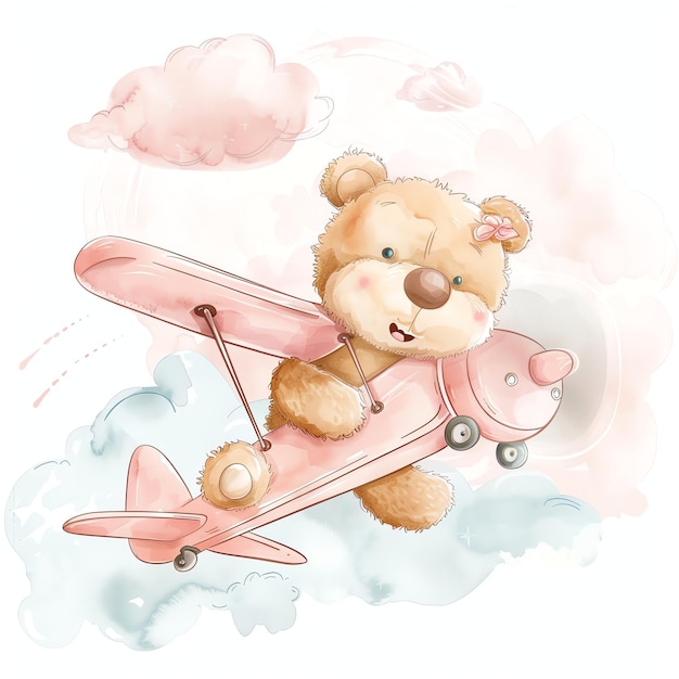 teddy bear flying pink airplane illustrataion cute nuresery watercolor