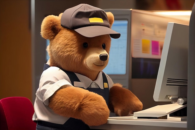 Teddy bear in the form of a restaurant waiter at the computer Generative AI