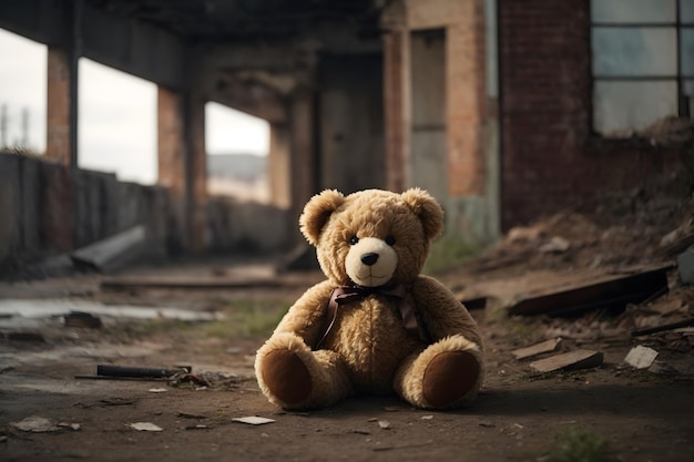 A teddy bear in front of an abandoned building