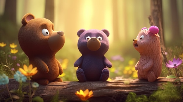 Teddy bear and his bear friends walking through the forest 3d generated