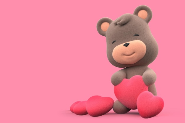 Teddy bear holding a heart teddy bear isolated on pink background 3D Render