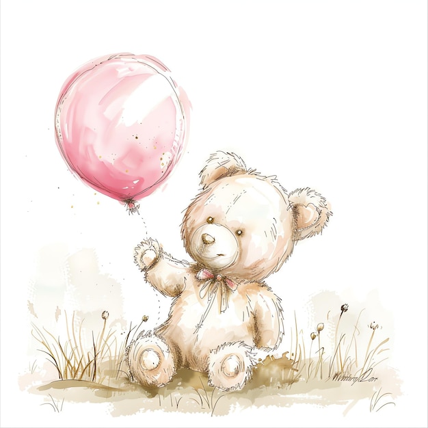 teddy bear holding pink balloon for baby nursery watercolor illustration