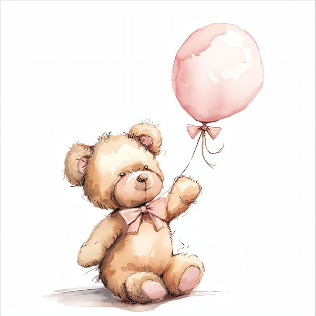 teddy bear holding pink balloon for baby nursery watercolor illustration