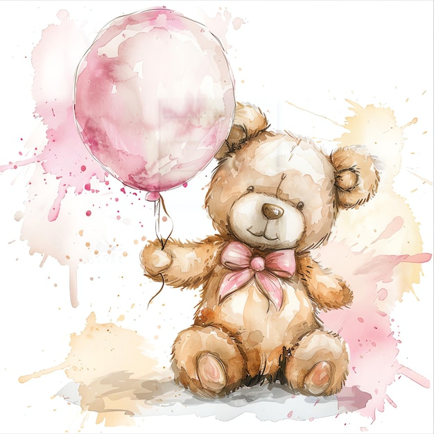 teddy bear holding pink balloon for baby nursery watercolor illustration