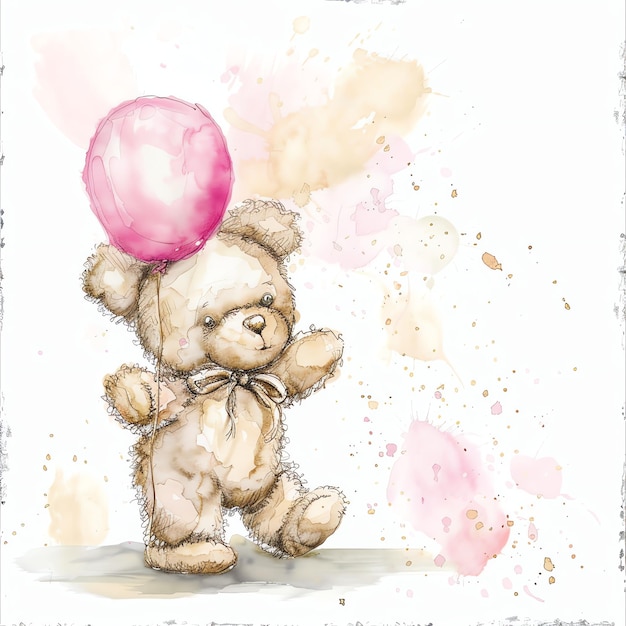 teddy bear holding pink balloon for baby nursery watercolor illustration