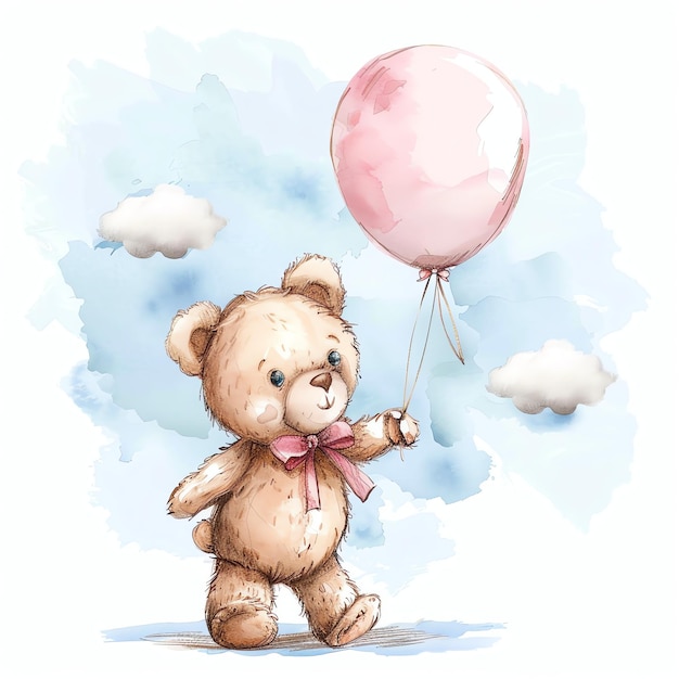 teddy bear holding a pink balloon illustrataion cute nuresery watercolor