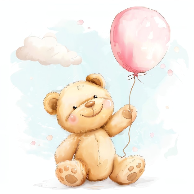 teddy bear holding a pink balloon illustrataion cute nuresery watercolor