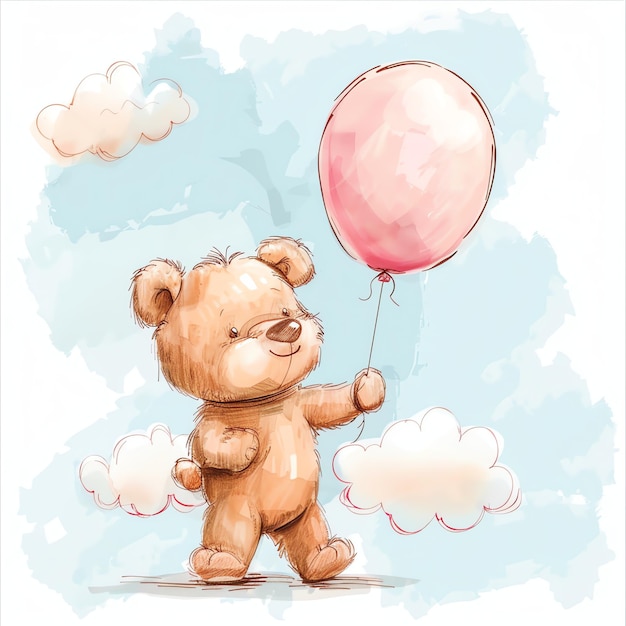 teddy bear holding a pink balloon illustrataion cute nuresery watercolor