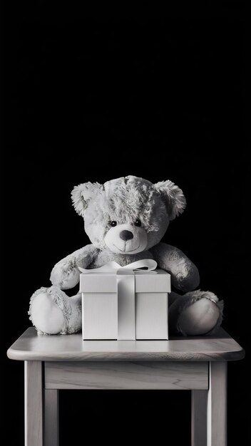 Photo teddy bear holding white gift box on wooden table black background