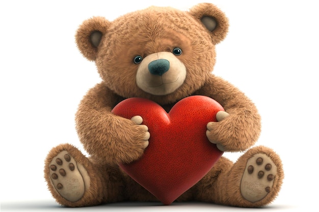 Teddy bear holds a red heart in his paws front view