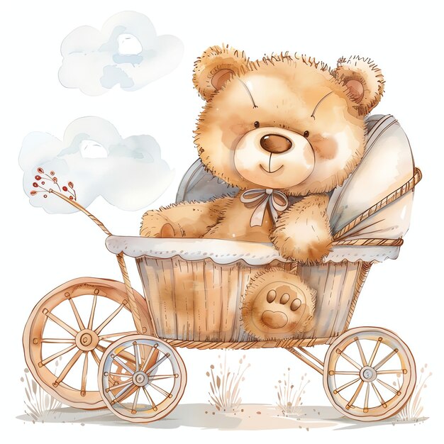 teddy bear inside a pram illustrataion cute nuresery watercolor