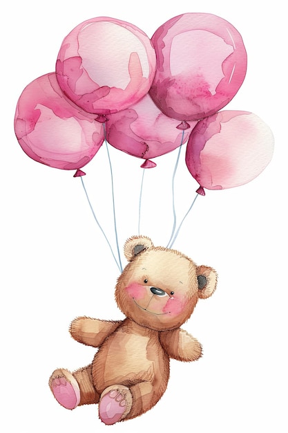 Photo a teddy bear is floating in the air with five pink balloons