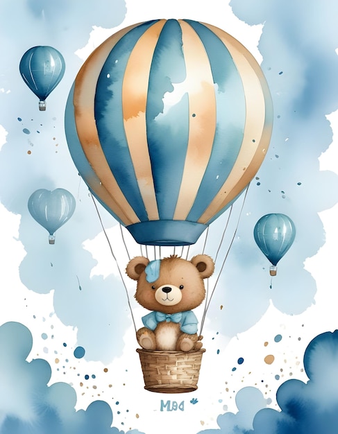 a teddy bear is flying in a balloon with a blue shirt and a blue shirt