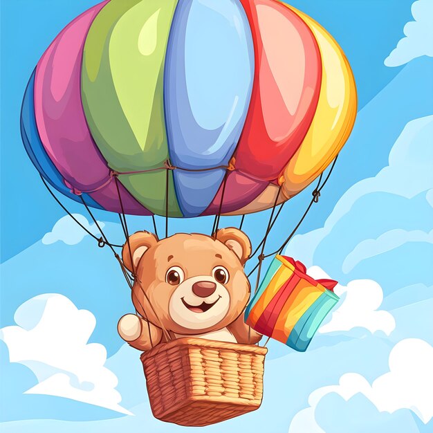 a teddy bear is flying in a basket with a rainbow colored box and a teddy bear in the basket