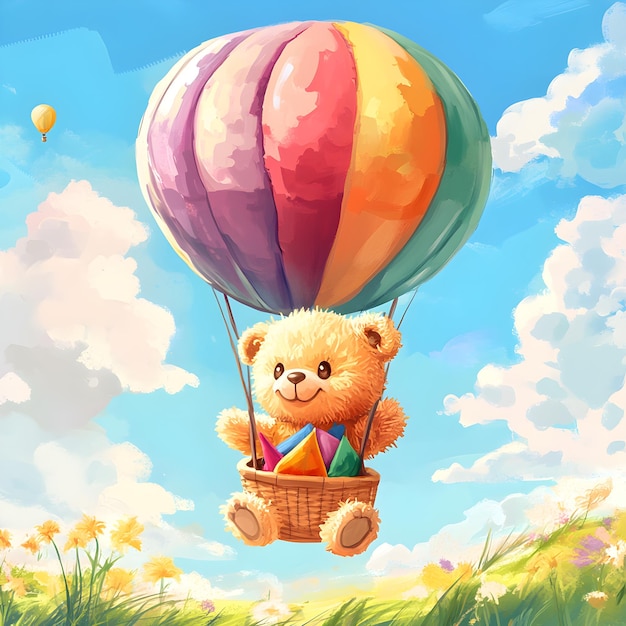 a teddy bear is holding a basket with a hot air balloon in the sky