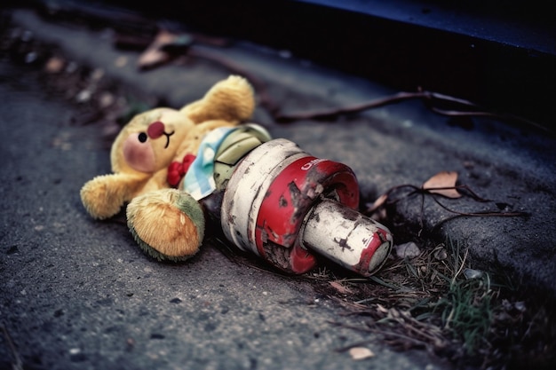 A teddy bear is laying on the ground with a red and white light.