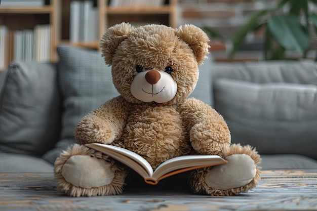 a teddy bear is sitting on a couch and reading a book