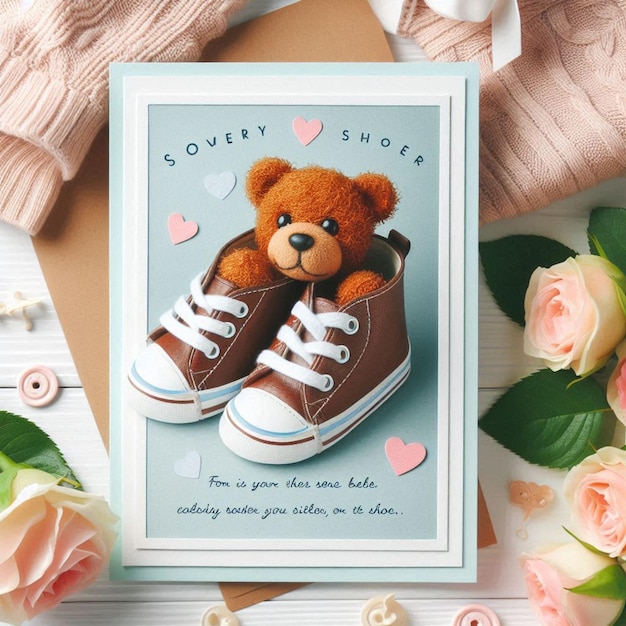 Photo a teddy bear is sitting on a piece of paper with flowers and a teddy bear on it