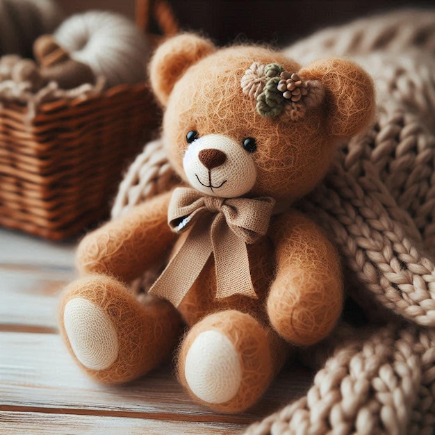 Photo a teddy bear is sitting in a wicker basket with a bow on it