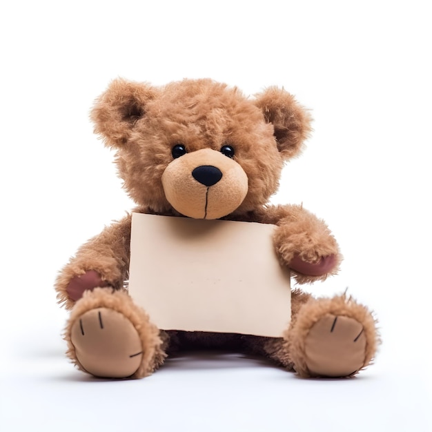 A teddy bear is sitting with a blank sign in his hands.