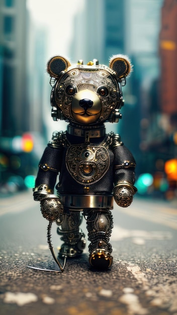 A teddy bear is standing on the street.