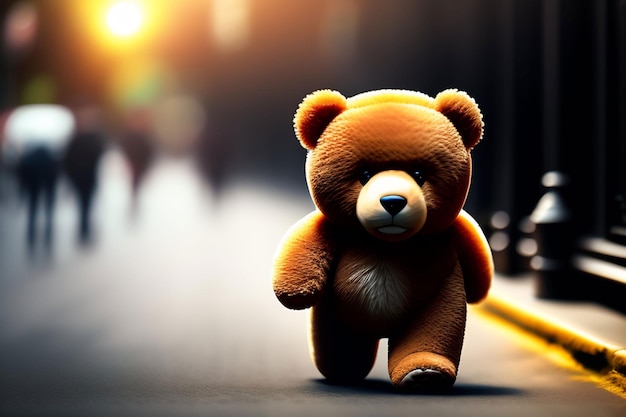 A teddy bear is walking down a road.