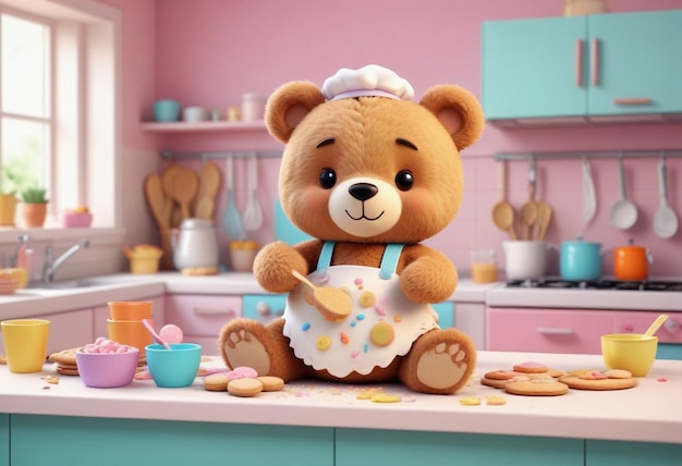 a teddy bear in a kitchen with a apron on