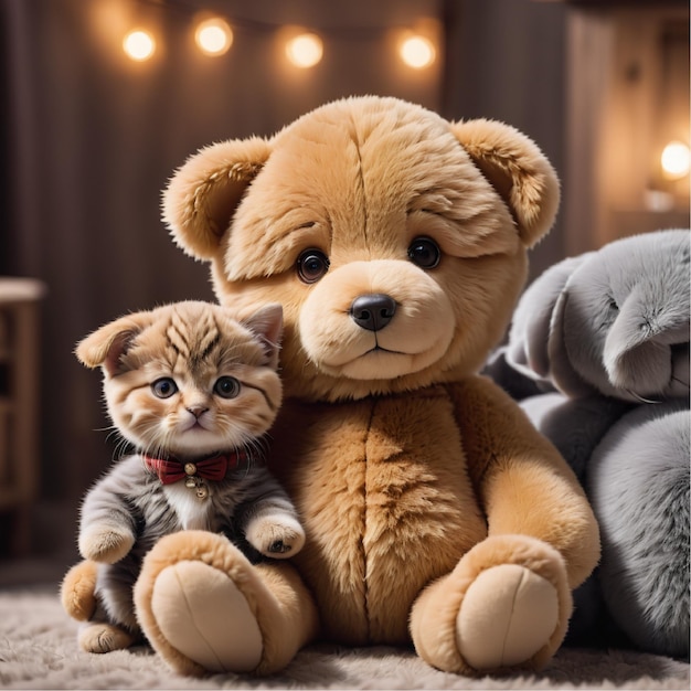 Photo a teddy bear and a kitten are sitting next to each other