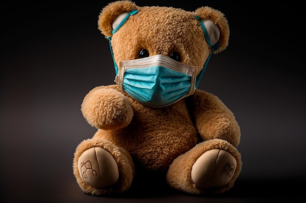 Teddy bear in a mask against coronavirus on a black background Generative AI