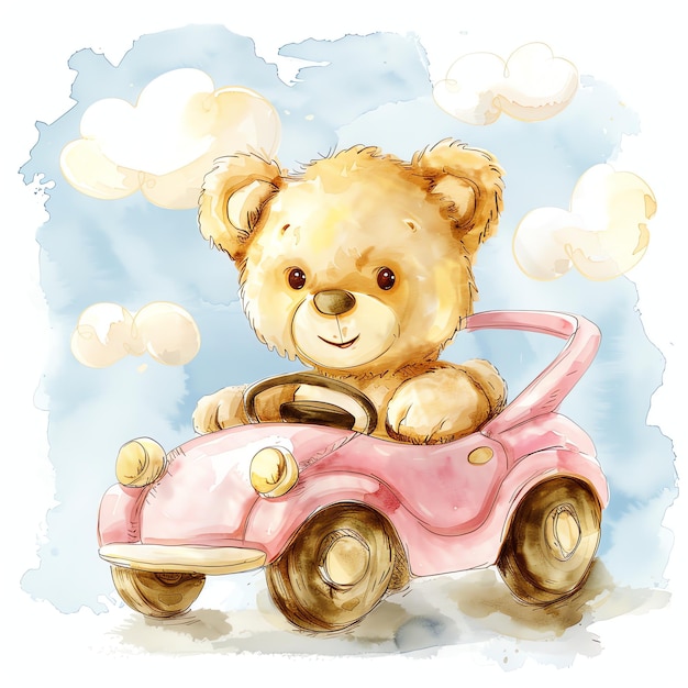 teddy bear in pink car illustrataion cute nuresery watercolor