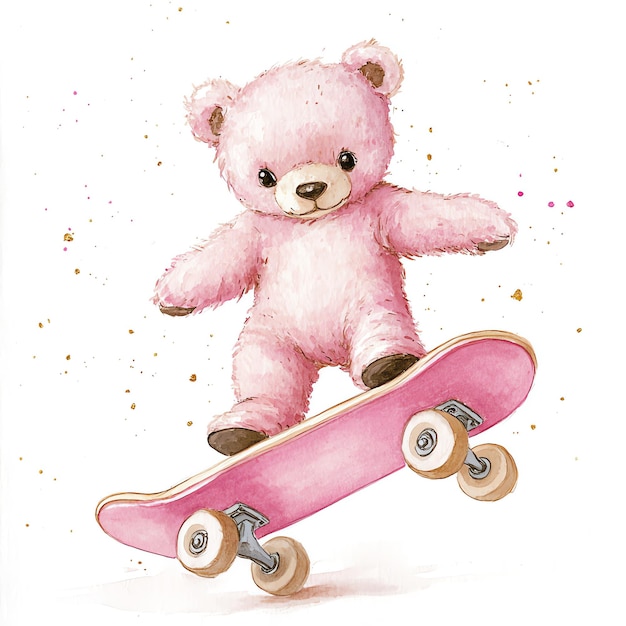 teddy bear on a pink skateboard blue illustration