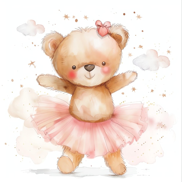 teddy bear in pink tutu illustrataion cute nuresery watercolor