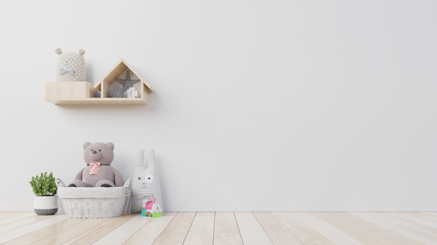 Teddy bear and rabbit doll in the children's room on wall 