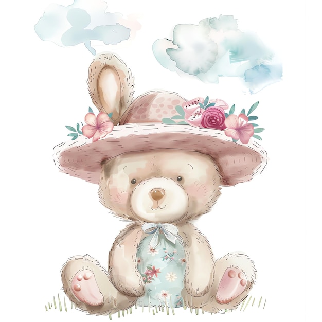 teddy bear rabbit in a summer outfit with a floral fuchsia panama hat illustrataion cute nuresery