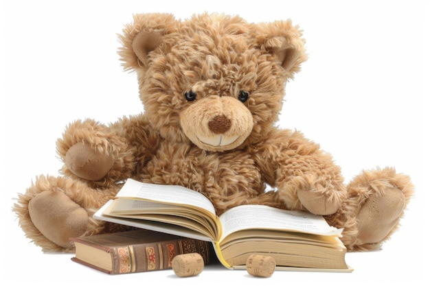 Teddy bear reading books isolated on white