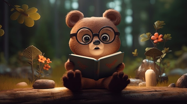 Teddy bear reading very focused on the book sitting on a log in the forest 3d generated