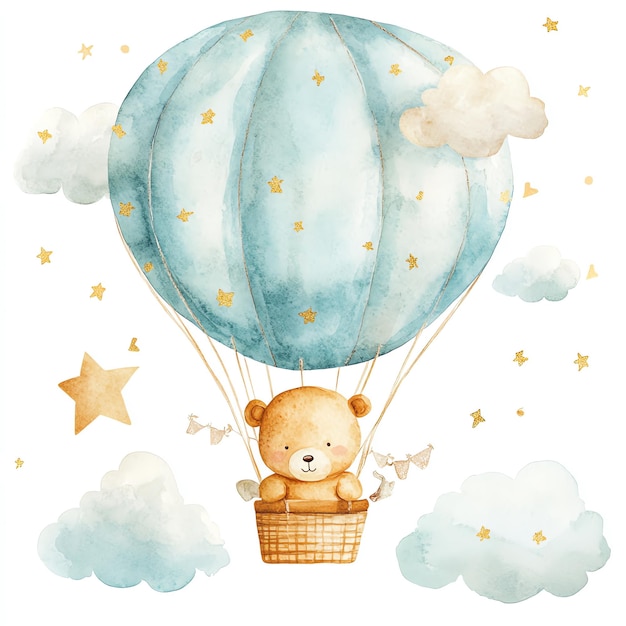 teddy bear riding in a hot air balloon through the clouds blue illustration