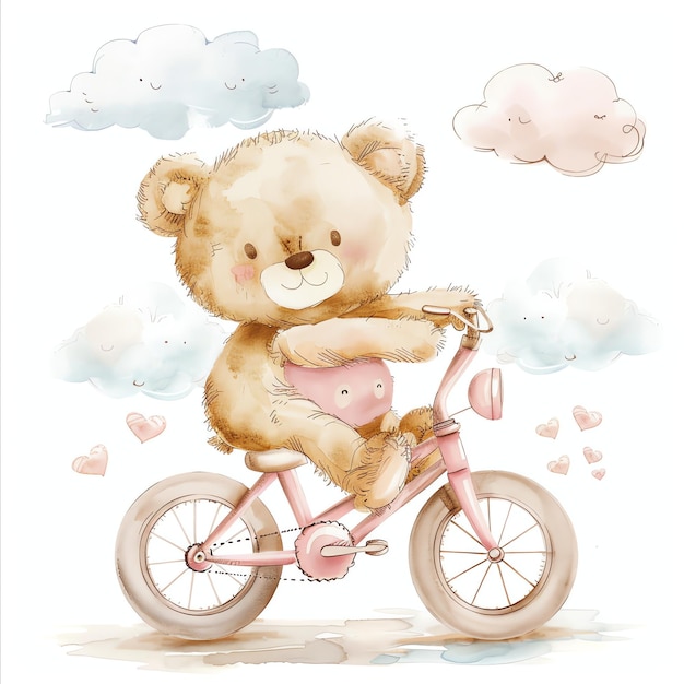 teddy bear riding a pink bike illustrataion cute nuresery watercolor