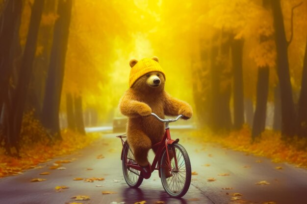 Teddy bear riding red bike down road in forest with yellow leaves Generative AI