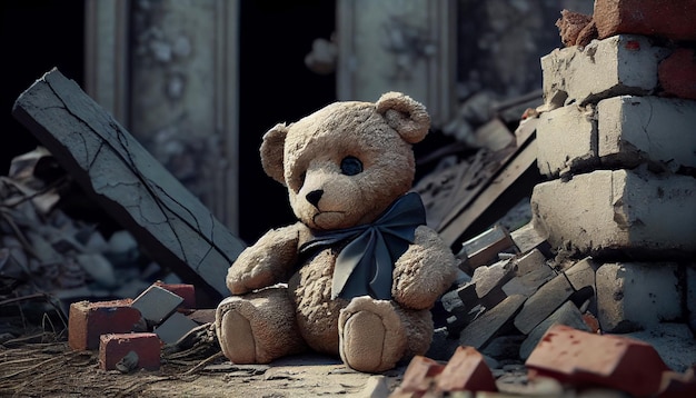 Teddy bear and ruins of city buildings after the earthquake Generated AI