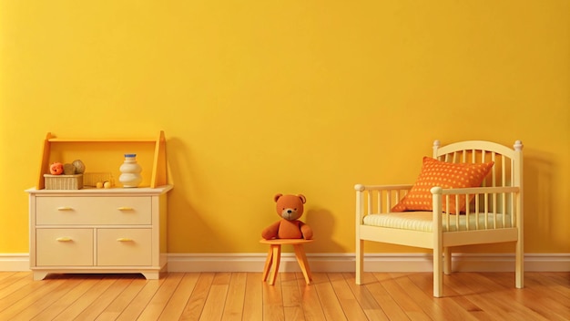 a teddy bear sits in a chair in a room with a yellow wall behind it