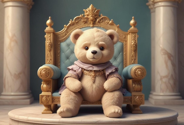 a teddy bear sits in a chair with a blue and gold cover