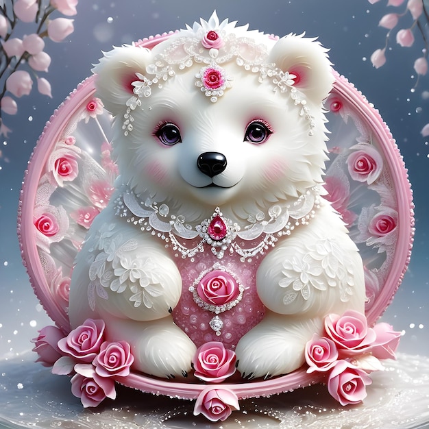 a teddy bear sits in a chair with flowers and a wreath around it