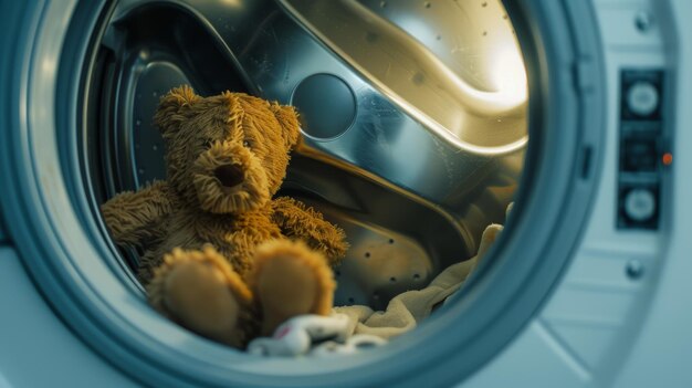 A teddy bear sits inside a washing machine adding a touch of whimsy to household chores