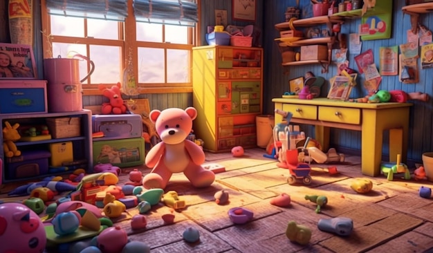 A teddy bear sits in a messy room with toys scattered around it.