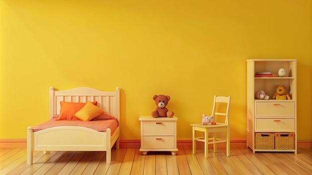 Photo a teddy bear sits on a small table in a yellow room with a yellow wall