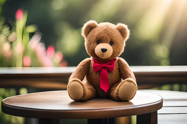 A teddy bear sits on a table in front of a blurred background