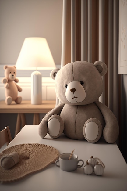 A teddy bear sits on a table in front of a lamp.