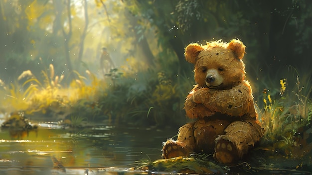 a teddy bear sits in the water with the sun shining through the trees