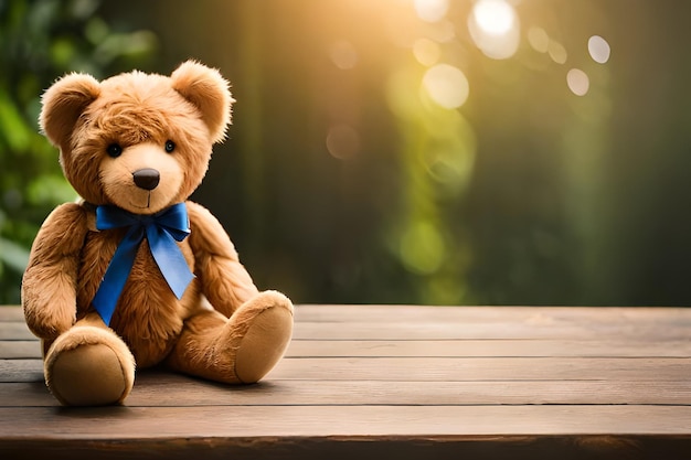 A teddy bear sits on a wooden table in front of a blurred background.